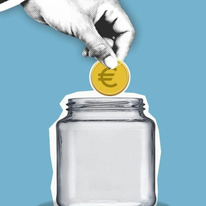 Illustration of crop cutout person hand putting coin into saving glass money box on blue background